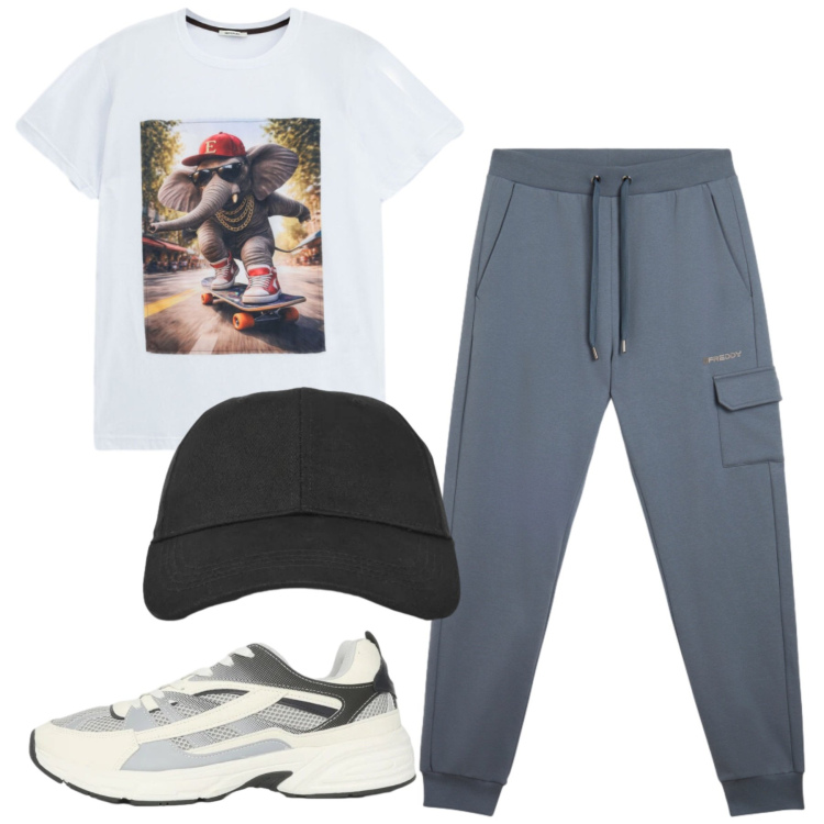 Outfit uomo - In tuta. Stile Casual per Tutti i giorni. Abbinamento con sneakers, cappelli con visiera, pantaloni cargo, t-shirt.