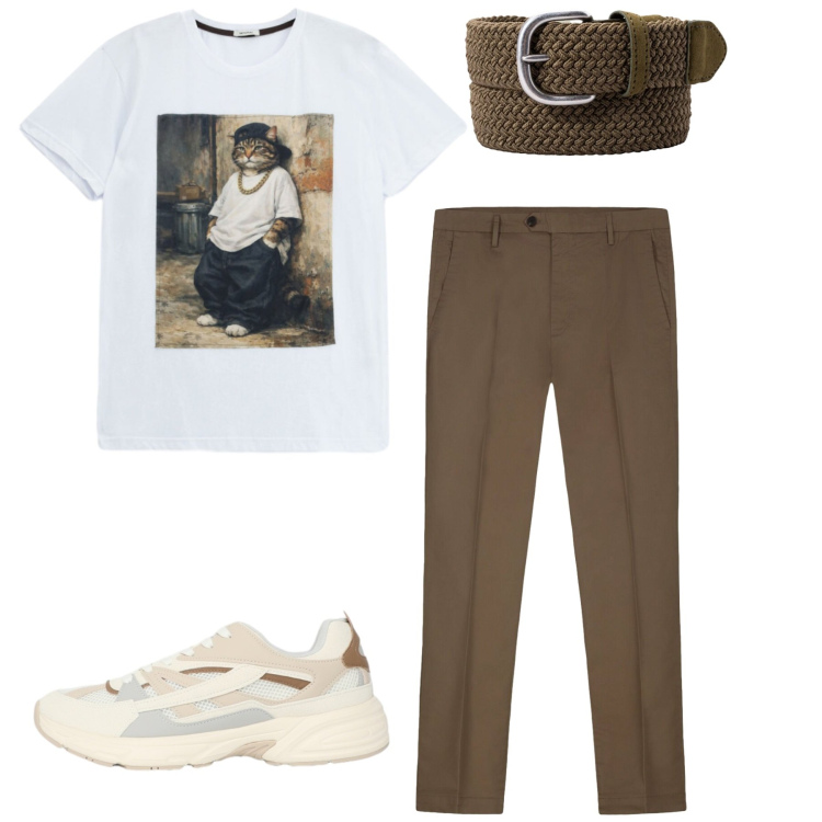 Outfit uomo - Carattere casual. Stile Casual per Tutti i giorni. Abbinamento con sneakers, pantaloni, cinture, t-shirt.