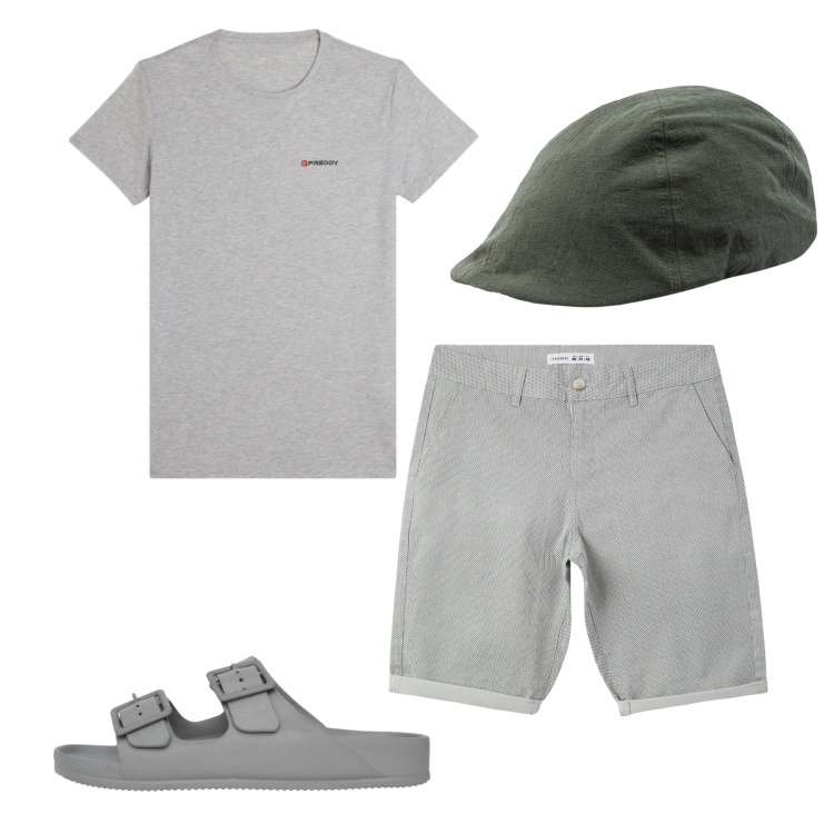 Outfit uomo - Grey. Stile Casual per Tutti i giorni. Abbinamento con pantaloni corti, sandali, t-shirt, cappelli con visiera.