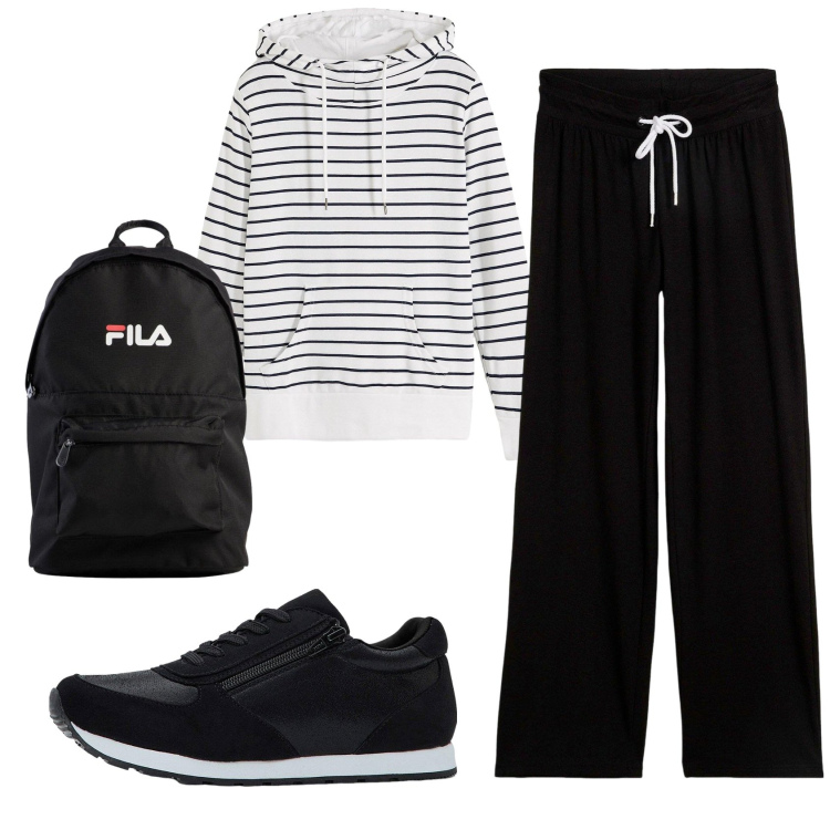 Outfit donna - Total look #2424434. Stile Casual per Sport. Abbinamento con felpe con cappuccio, pantaloni, sneakers, zaini.
