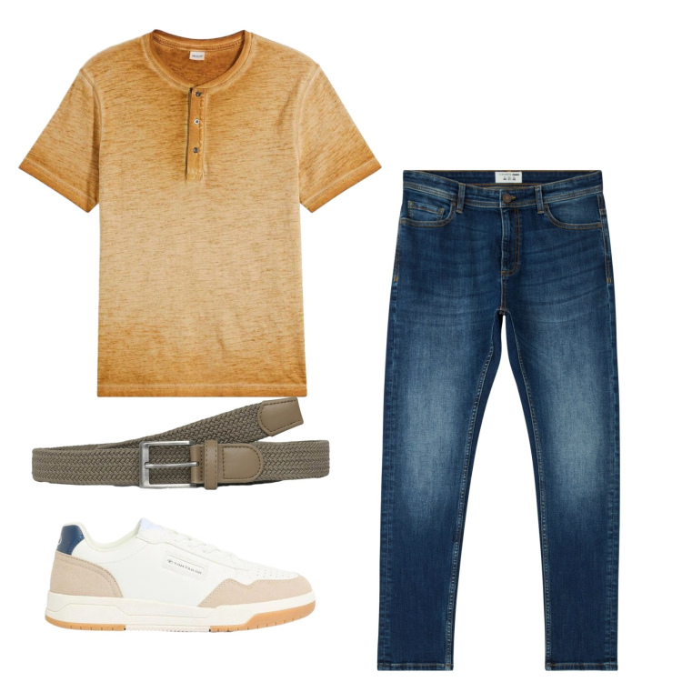 Outfit uomo - Caramello e jeans. Stile Casual per Tutti i giorni. Abbinamento con t-shirt, sneakers, jeans skinny, cinture.