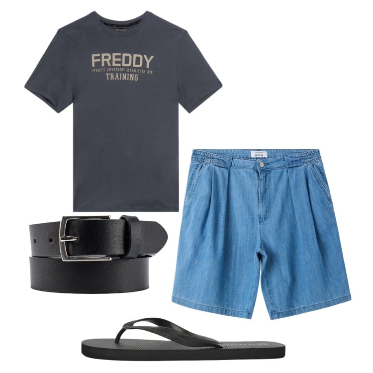 Outfit uomo - Pinces su corto. Stile Casual per Tutti i giorni. Abbinamento con shorts, sandali, t-shirt, cinture.