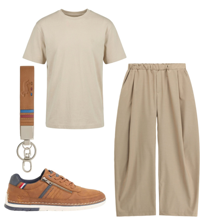 Outfit uomo - Beige. Stile Trendy per Tutti i giorni. Abbinamento con sneakers, portachiavi, t-shirt, pantaloni.