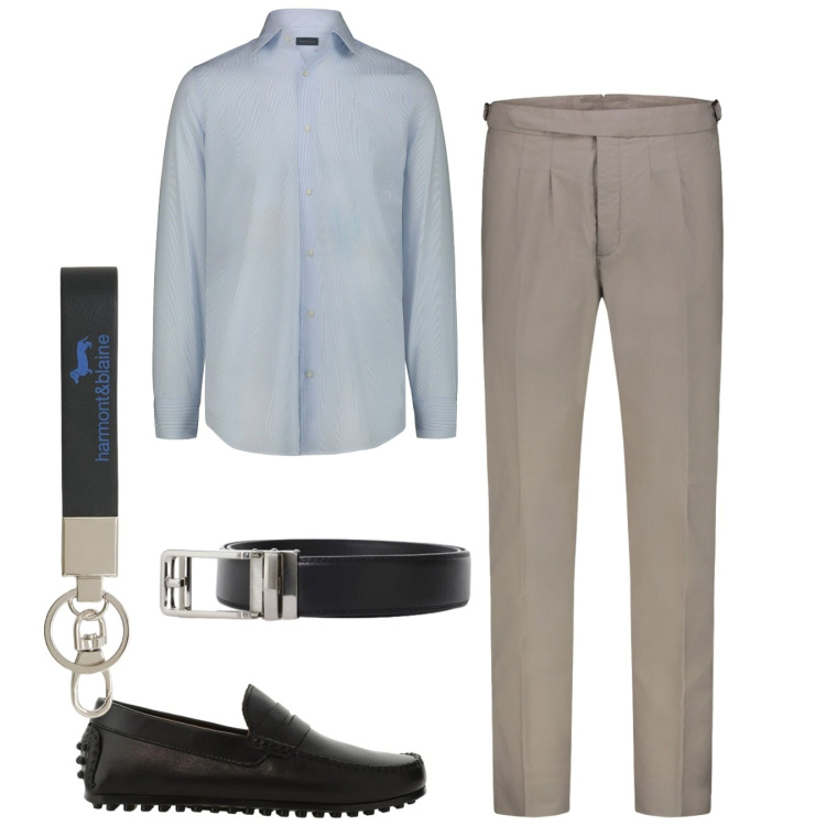 Outfit uomo - Serio e conciso. Stile Casual per Tutti i giorni. Abbinamento con portachiavi, pantaloni, camicie, scarpe stringate, cinture.
