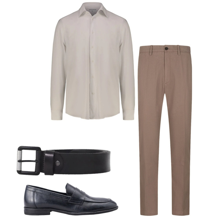 Outfit uomo - Caffellatte. Stile Casual per Ufficio. Abbinamento con scarpe stringate, pantaloni, camicie, cinture.