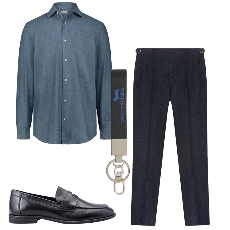 Outfit uomo - Bluette. Stile Casual per Ufficio. Abbinamento con portachiavi, camicie, pantaloni, scarpe stringate.