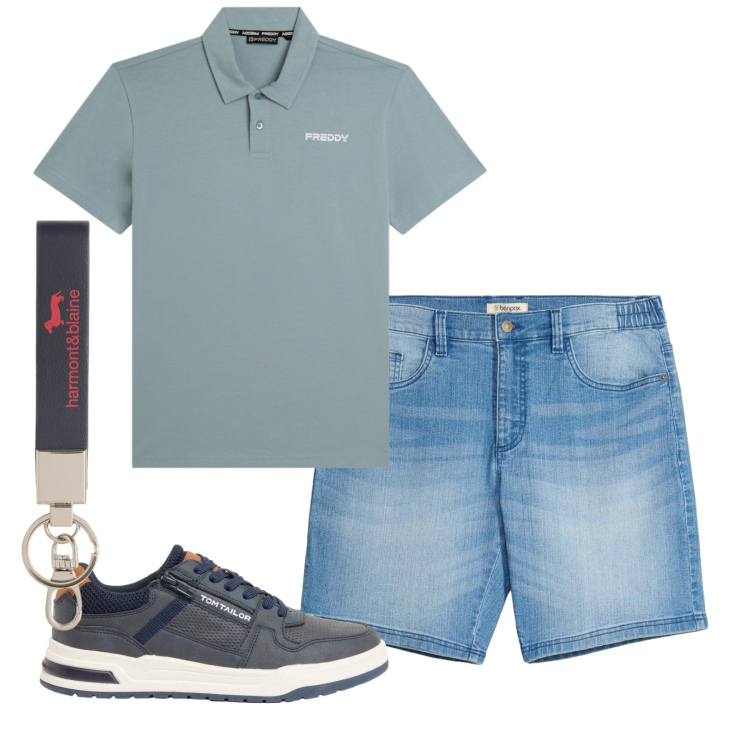 Outfit uomo - Weekend. Stile Casual per Tutti i giorni. Abbinamento con sneakers, shorts, portachiavi, polo.