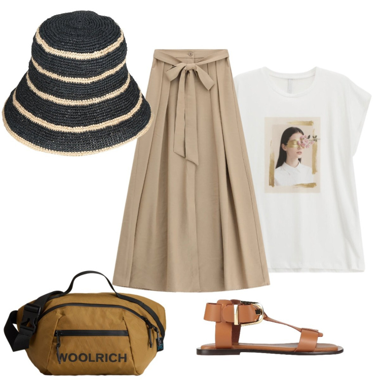 Outfit donna - Il cappellino trasforma il look. Stile Boho per Tutti i giorni. Abbinamento con cappelli con visiera, sandali alla schiava, t-shirt, gonne lunghe, borse a tracolla.