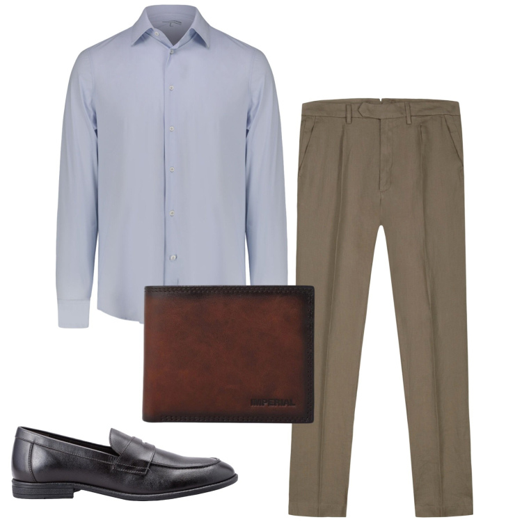 Outfit uomo - Mercoledì. Stile Casual per Ufficio. Abbinamento con pantaloni, scarpe stringate, camicie, portafogli.