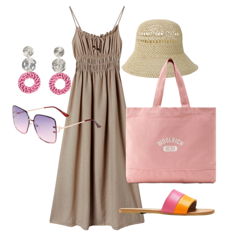 Outfit donna - Giugno. Stile Trendy per Tutti i giorni. Abbinamento con ciabatte, occhiali da sole, orecchini, vestiti lunghi, cappelli, borse tote.