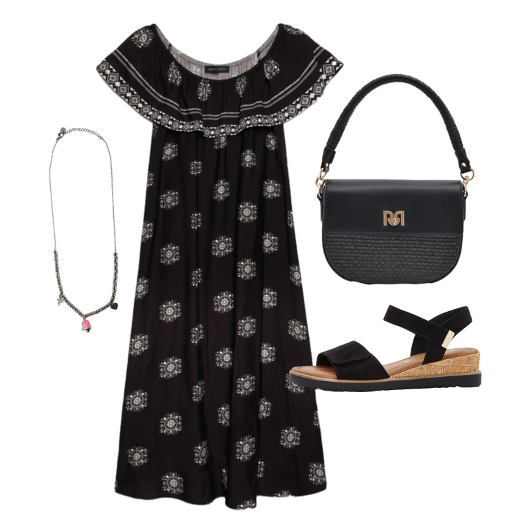 Outfit donna - Giugno. Stile Trendy per Tutti i giorni. Abbinamento con sandali, ciondoli, borse a spalla, vestiti lunghi.