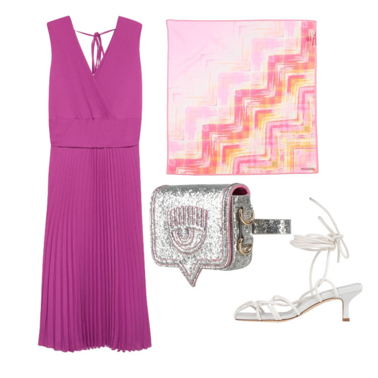 Outfit donna - Giugno. Stile Trendy per Cerimonia. Abbinamento con marsupi, sciarpe, sandali col tacco, vestiti lunghi.