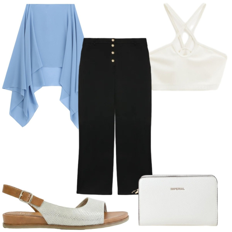 Outfit donna - Total look #2424513. Stile Trendy per Tutti i giorni. Abbinamento con sandali, pantaloni, cappe, top, borse a tracolla.