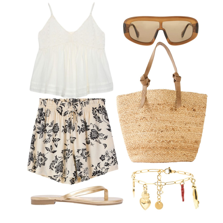 Outfit donna - Giugno. Stile Trendy per Tutti i giorni. Abbinamento con shopping bag, sandali, shorts, canottiere, occhiali da sole, braccialetti.