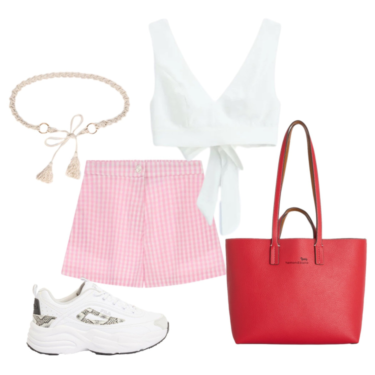 Outfit donna - Giugno. Stile Romantica per Tutti i giorni. Abbinamento con sneakers, shopping bag, shorts, top, cinture.