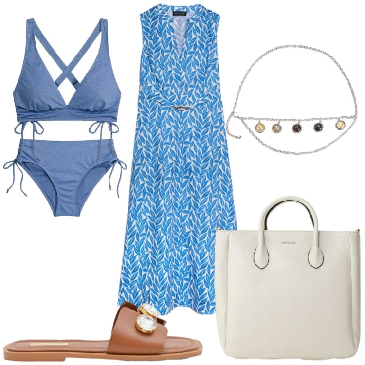 Outfit donna - Total look #2424516. Stile Etnico per Mare. Abbinamento con bikini, cinture, borse a tracolla, sandali gioiello, vestiti lunghi.