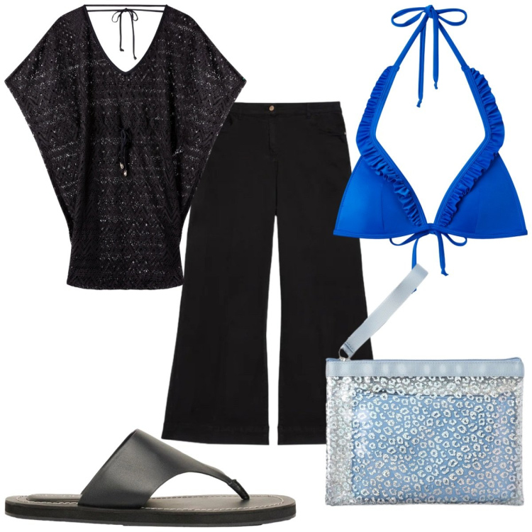 Outfit donna - Total look #2424517. Stile Trendy per Mare. Abbinamento con infradito, vestiti da spiaggia, bikini, pochette, pantaloni.
