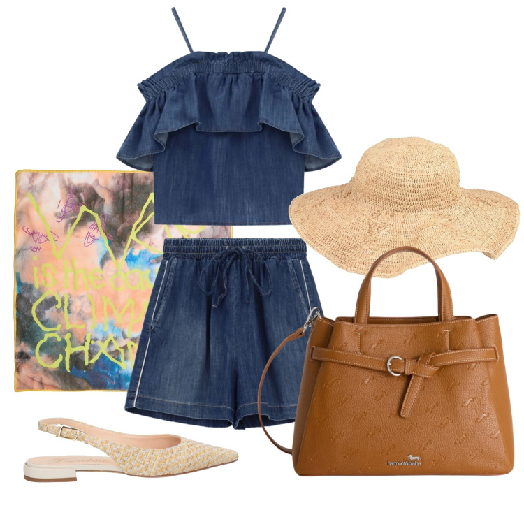 Outfit donna - Giugno. Stile Glamour per Tutti i giorni. Abbinamento con sciarpe, cappelli, ballerine, borse a mano, shorts, top.