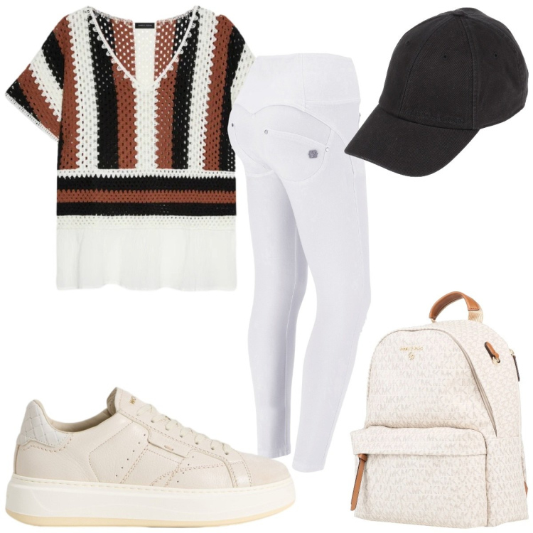 Outfit donna - Total look #2424519. Stile Basic per Tutti i giorni. Abbinamento con zaini, cappelli con visiera, pantaloni skinny, sneakers, t-shirt.
