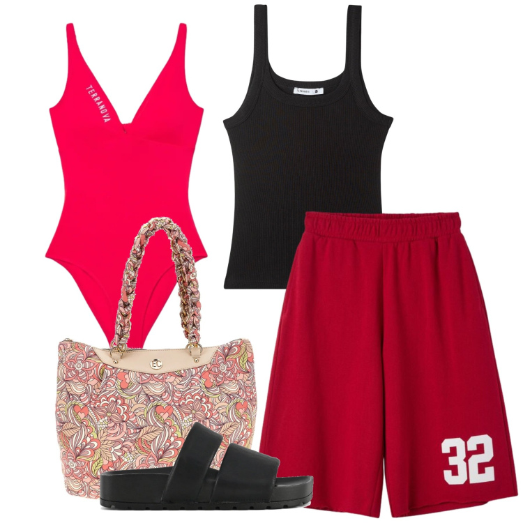 Outfit donna - Terranova - Beach State of Mind. Stile Casual per Mare. Abbinamento con canottiere, bermuda, costumi interi, ciabatte, borse a spalla.