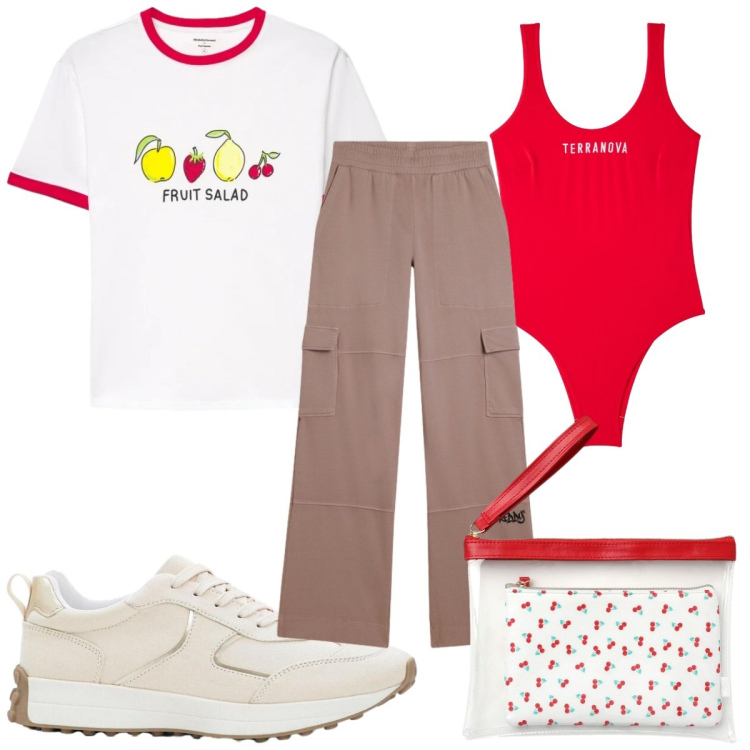 Outfit donna - Total look #2424523. Stile Basic per Mare. Abbinamento con sneakers, t-shirt, pochette, costumi interi, pantaloni cargo.