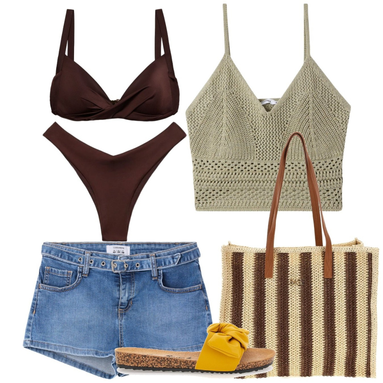 Outfit donna - Terranova - Beach State of Mind. Stile Chic per Mare. Abbinamento con top, shorts, bikini, bikini, ciabatte, borse a spalla.
