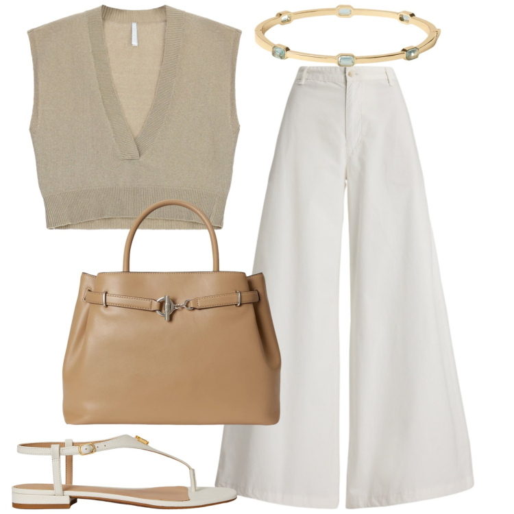 Outfit donna - Oroscopo Il cancro - Maree emotive. Stile Bon Ton per Tutti i giorni. Abbinamento con top, sandali in pelle, braccialetti, pantaloni, borse a mano.