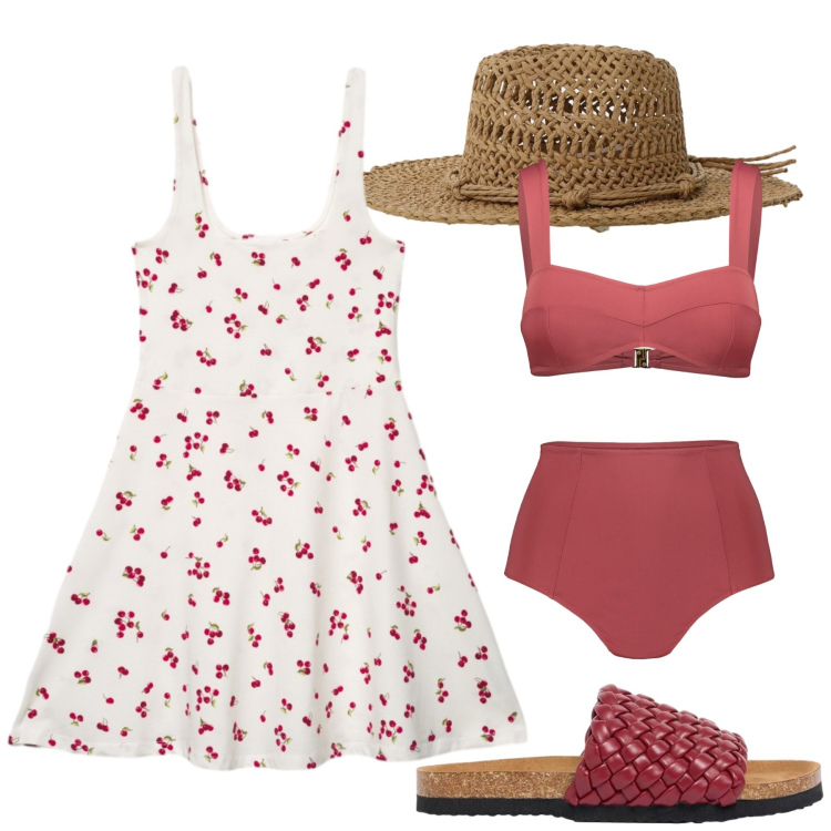 Outfit donna - Total look #2424529. Stile Romantica per Mare. Abbinamento con ciabatte, vestiti corti, cappelli, bikini.