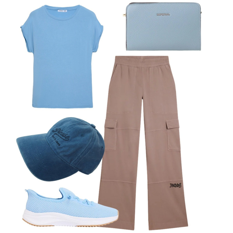 Outfit donna - Il tuo outfit per una gita fuori porta -. Stile Casual per Tutti i giorni. Abbinamento con sneakers, t-shirt, pantaloni cargo, cappelli, borse a tracolla.