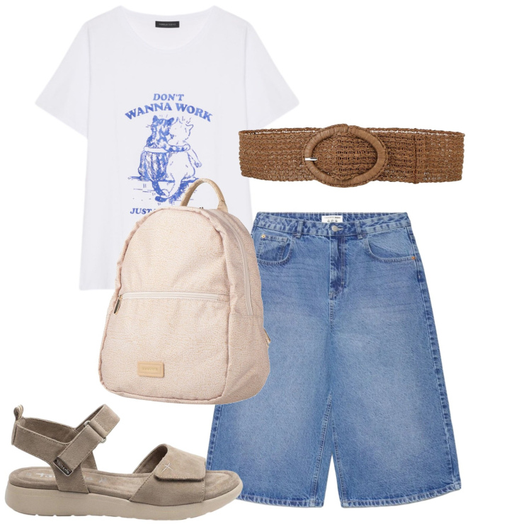 Outfit donna - Il tuo outfit per una gita fuori porta -. Stile Casual per Tutti i giorni. Abbinamento con zaini, cinture, sandali, pantaloni corti, t-shirt.