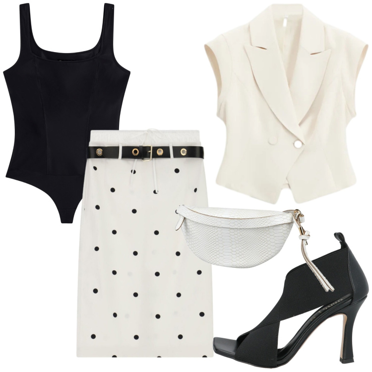 Outfit donna - Serata estiva. Stile Glamour per Serata fuori. look ideale per Petite. Abbinamento con sandali in pelle, marsupi, gilet, gonne longuette, top.
