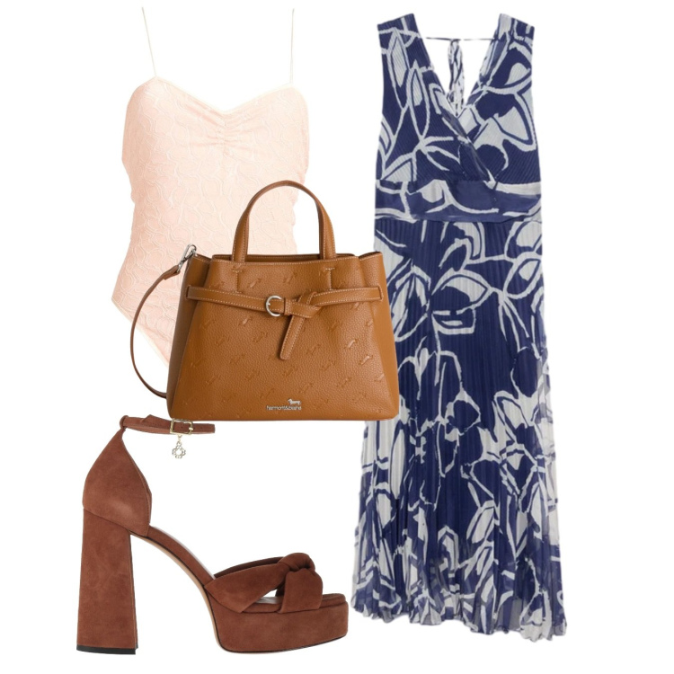 Outfit donna - Stampe tropicali. Stile Bon Ton per Tutti i giorni. Abbinamento con body, sandali in pelle, borse a mano, vestiti lunghi.