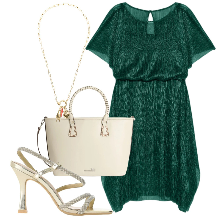 Outfit donna - Aperitivo d’estate. Stile Chic per Serata fuori. Abbinamento con shopping bag, sandali col tacco, ciondoli, vestiti asimmetrici.