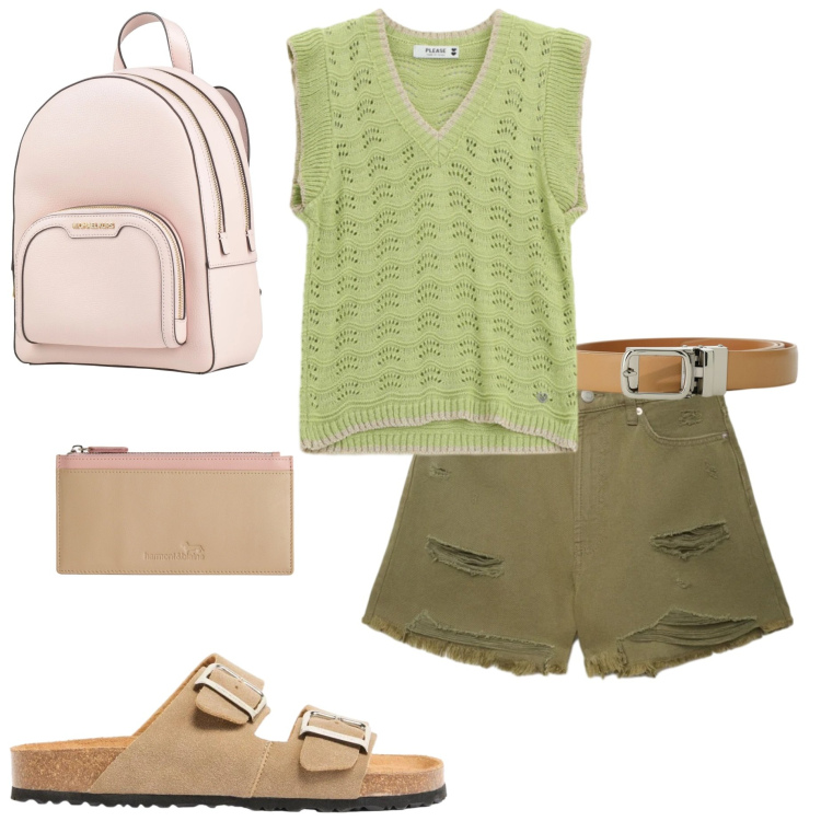 Outfit donna - Weekend al mare. Stile Casual per Mare. Abbinamento con zaini, ciabatte, shorts, portafogli, cinture, top.