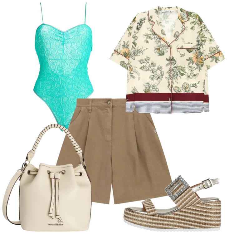 Outfit donna - Stampe tropicali. Stile Casual chic per Tutti i giorni. Abbinamento con body, sandali in pelle, borse a secchiello, bermuda, camicie a manica corta.