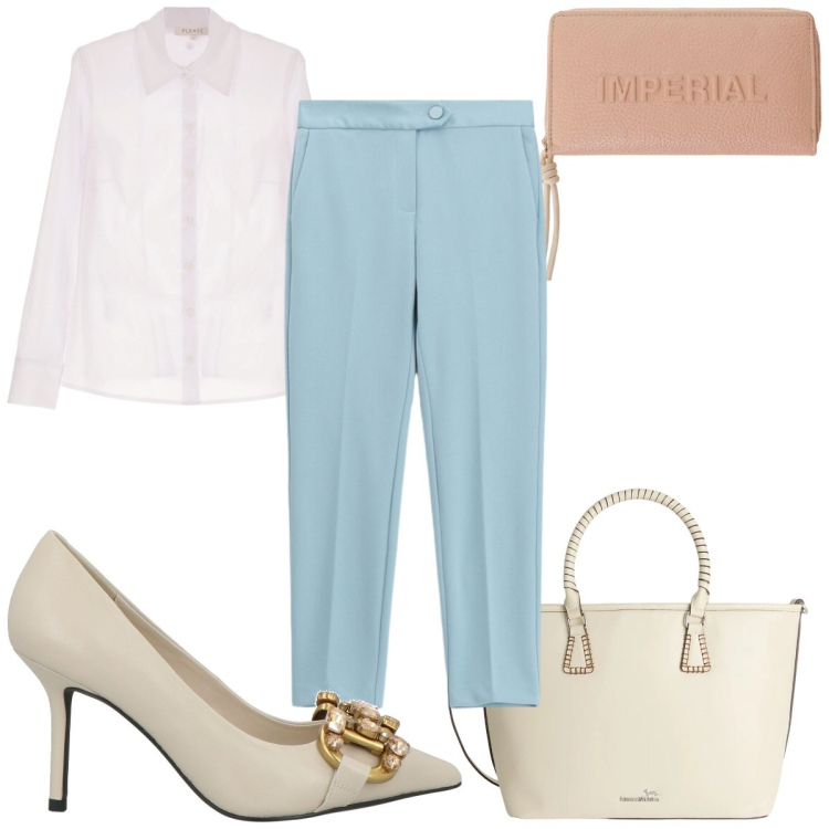 Outfit donna - Total look #2424541. Stile Mannish per Ufficio. Abbinamento con décolleté, shopping bag, pantaloni, portafogli, camicie.