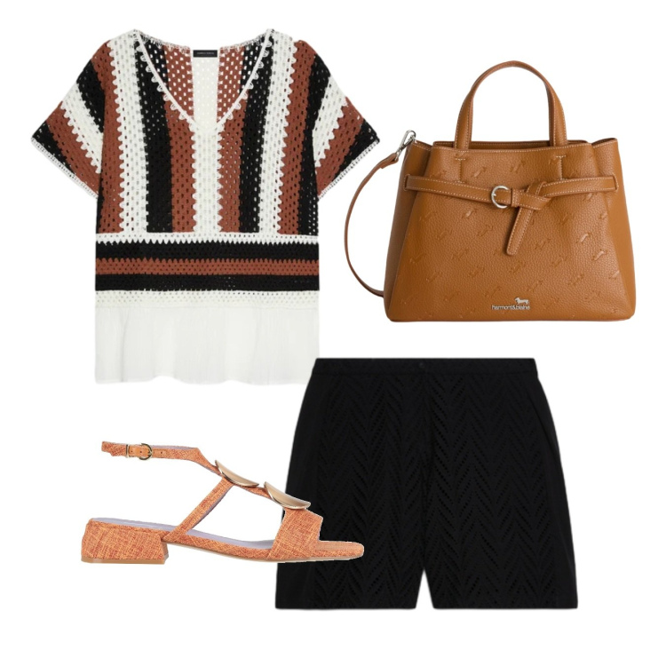 Outfit donna - Eleganza curvy per le sere di giugno - F. Stile Casual chic per Serata fuori. Abbinamento con sandali in pelle, borse a mano, t-shirt, shorts.