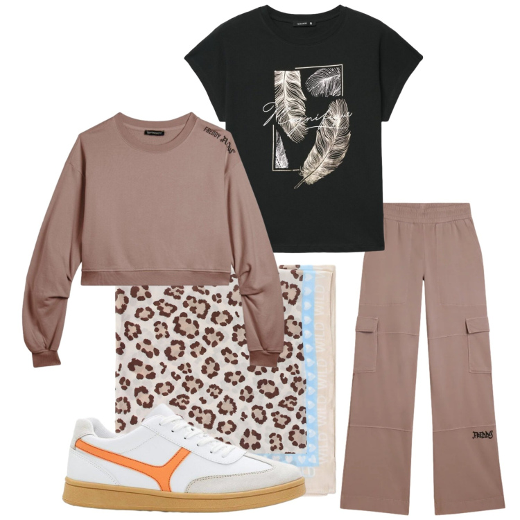 Outfit donna - Total look #2424543. Stile Sporty chic per Sport. Abbinamento con sneakers, t-shirt, foulard, felpe, pantaloni cargo.
