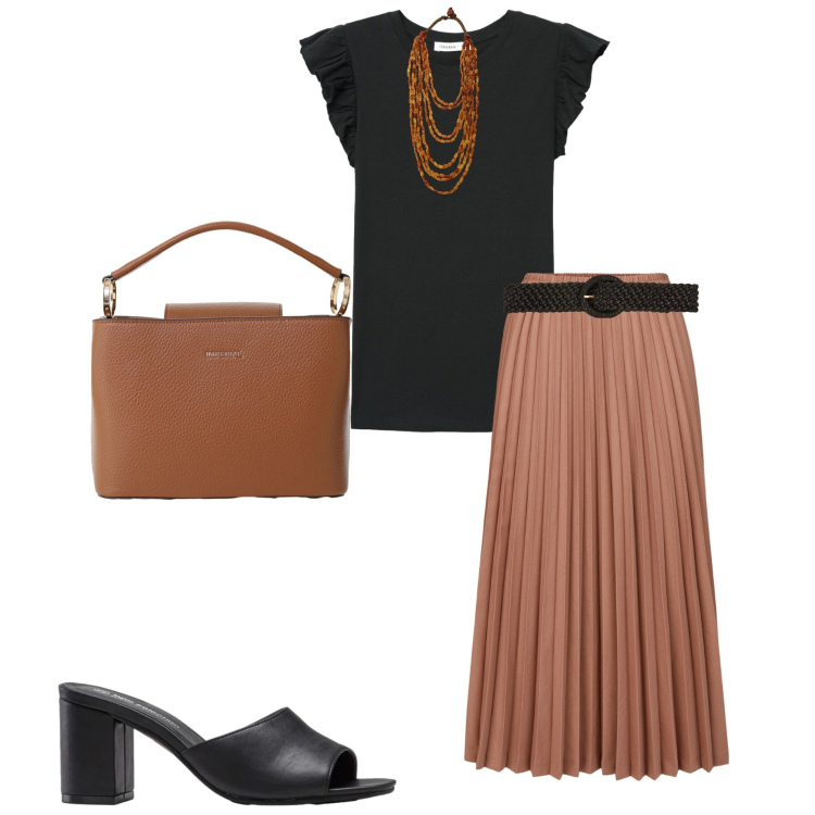 Outfit donna - In ufficio. Stile Basic per Ufficio. Abbinamento con sandali col tacco, t-shirt, cinture, collane, borse a secchiello, minigonne.