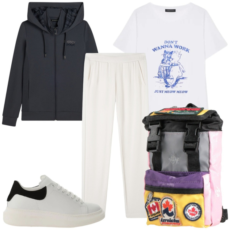 Outfit donna - Total look #2424545. Stile Basic per Tutti i giorni. Abbinamento con zaini, sneakers, pantaloni sportivi, felpe con cappuccio, t-shirt.