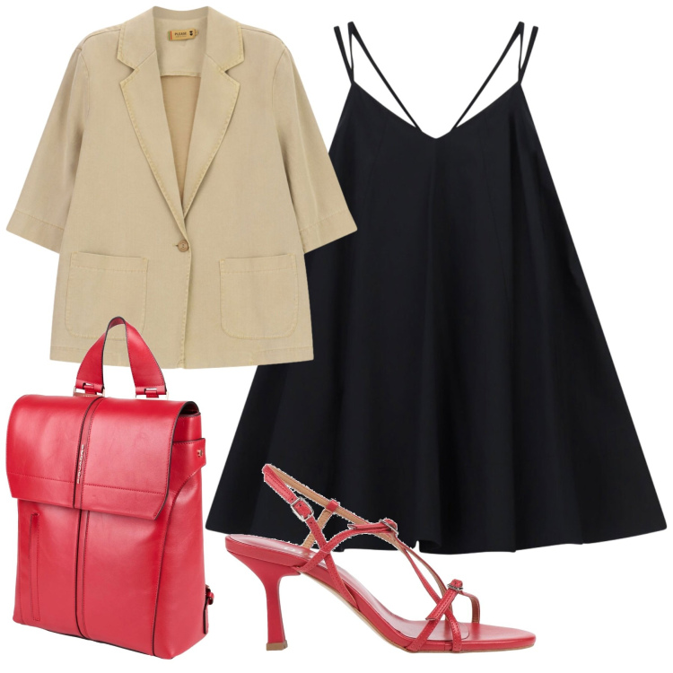 Outfit donna - Eleganza curvy per le sere di giugno - F. Stile Chic per Serata fuori. Abbinamento con zaini, sandali in pelle, vestiti corti, blazer.