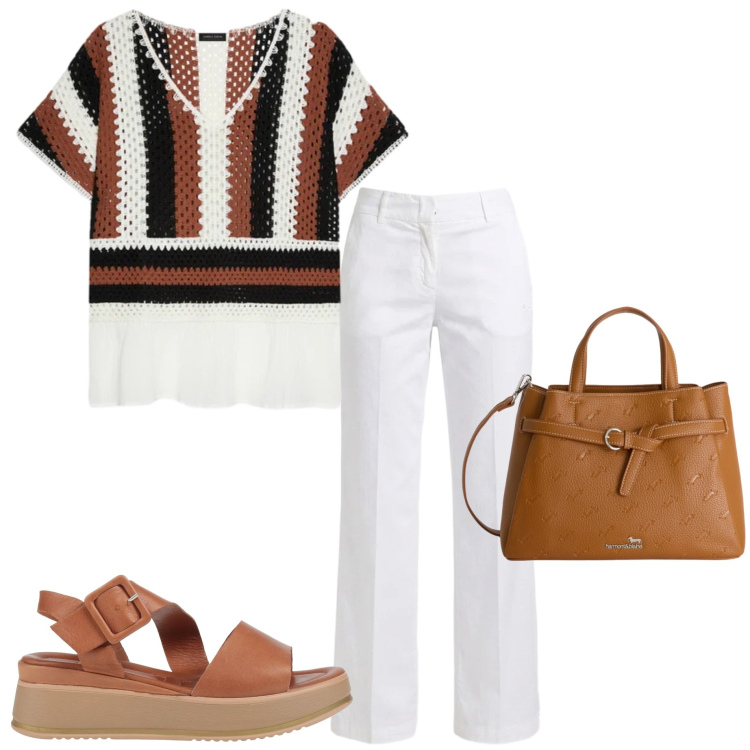 Outfit donna - In città. Stile Casual chic per Ufficio. Abbinamento con sandali in pelle, borse a mano, pantaloni, t-shirt.
