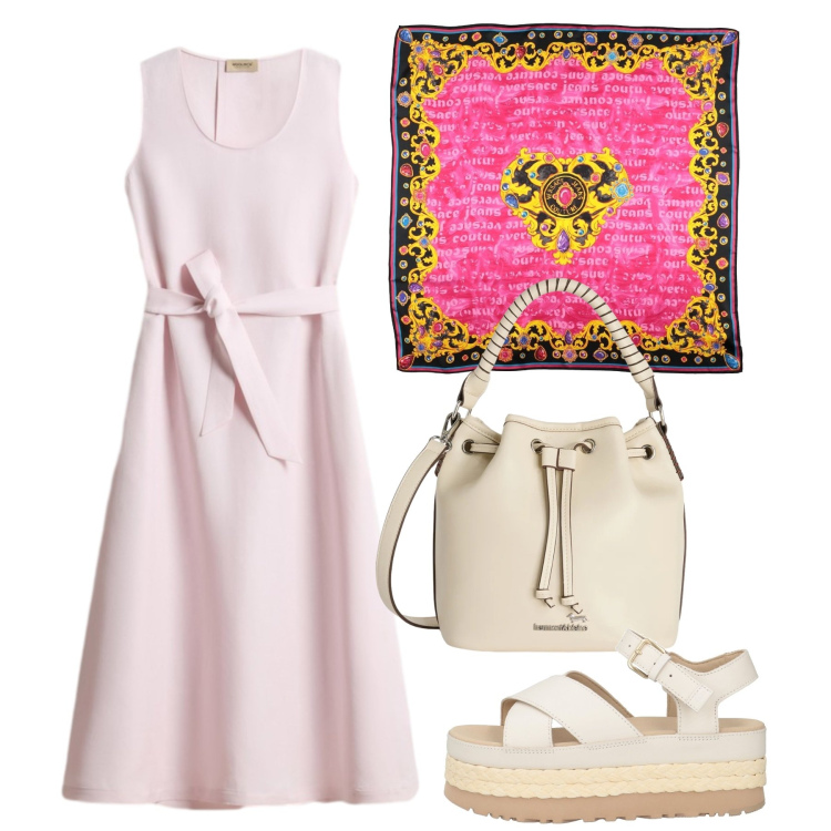 Outfit donna - Giugno. Stile Bon Ton per Tutti i giorni. Abbinamento con sandali in pelle, sciarpe, borse a secchiello, vestiti midi/longuette.