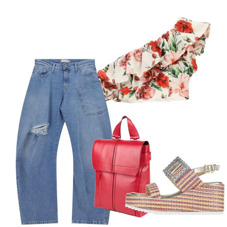 Outfit donna - Giugno. Stile Casual chic per Tutti i giorni. Abbinamento con zaini, sandali in pelle, top, jeans.