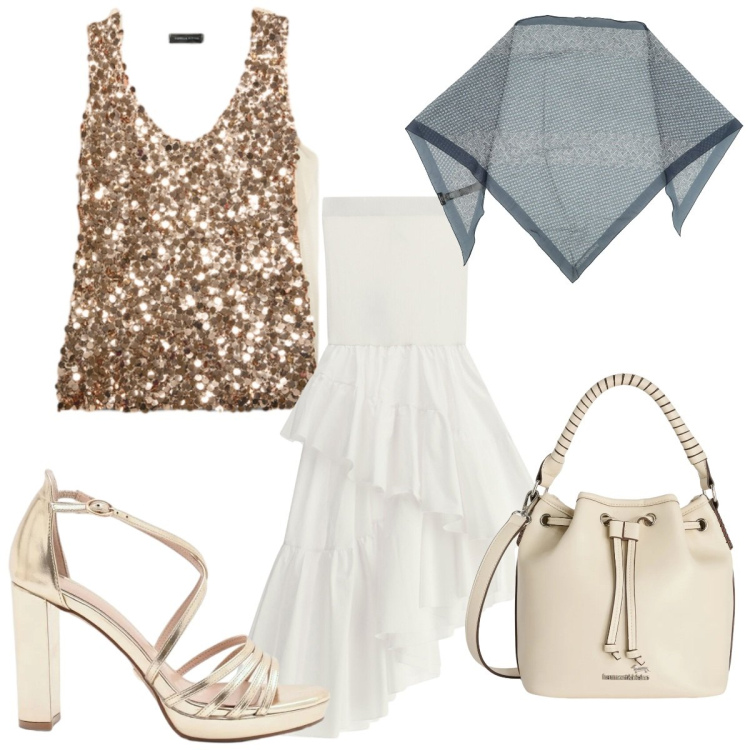 Outfit donna - Total look #2424561. Stile Glamour per Cerimonia. Abbinamento con stole, borse a secchiello, gonne lunghe, sandali col tacco, top.