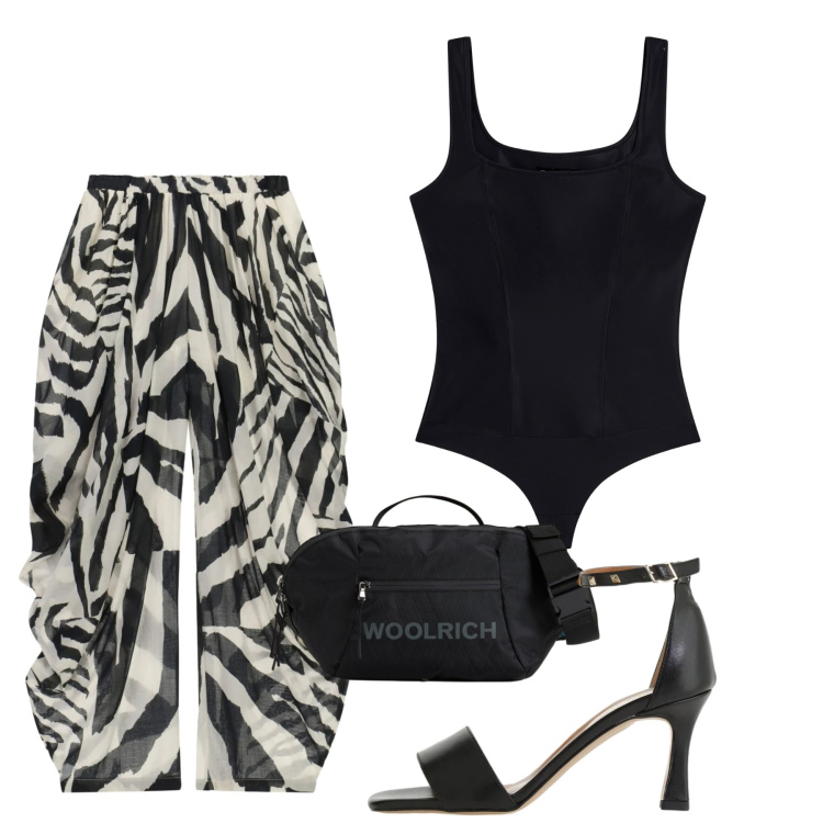 Outfit donna - Zebrato evening. Stile Chic per Serata fuori. Abbinamento con sandali col tacco, pantaloni, top, borse a tracolla.