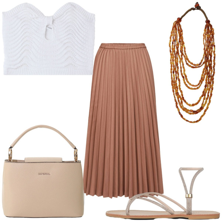 Outfit donna - Total look #2424566. Stile Boho per Tutti i giorni. Abbinamento con top, sandali, borse a secchiello, collane, minigonne.