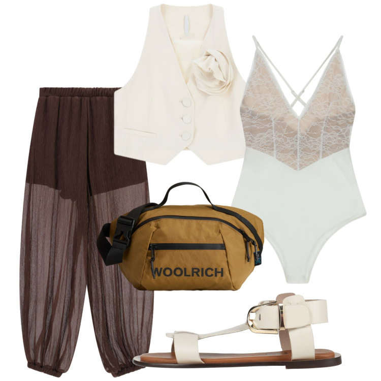 Outfit donna - Giugno. Stile Chic per Tutti i giorni. Abbinamento con sandali alla schiava, gilet, body, pantaloni, borse a tracolla.