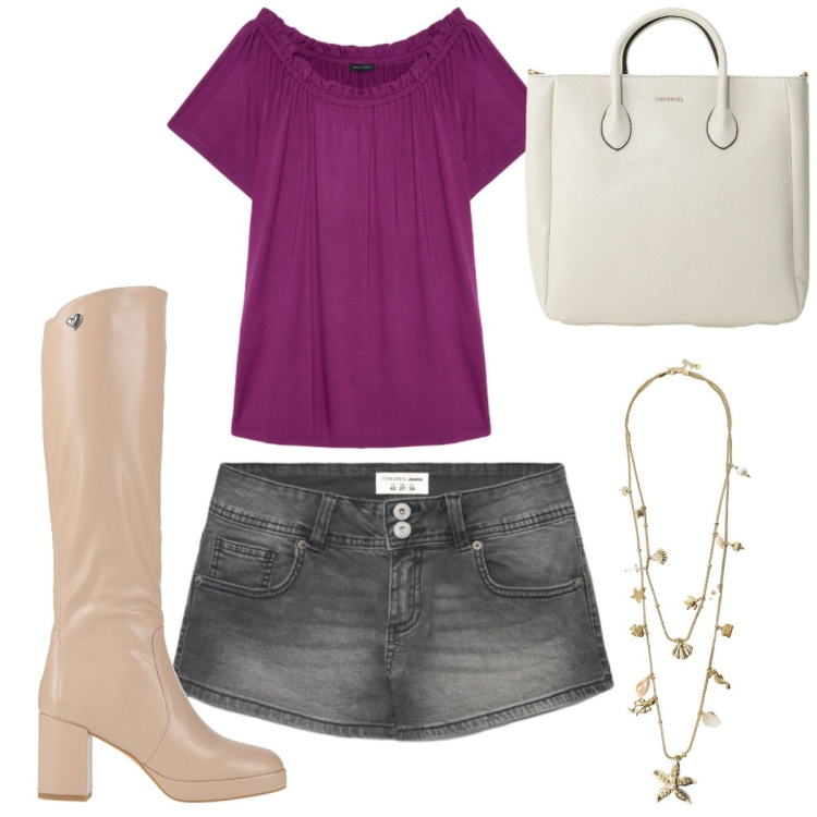 Outfit donna - Total look #2424569. Stile Trendy per Tutti i giorni. Abbinamento con stivali, shorts, borse a tracolla, collane, t-shirt.