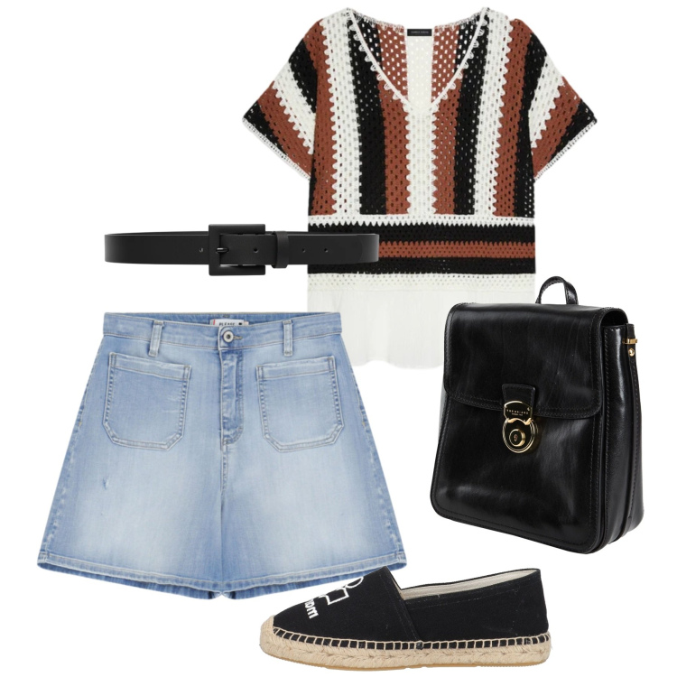 Outfit donna - Giugno. Stile Casual per Tutti i giorni. Abbinamento con zaini, espadrillas, shorts, cinture, t-shirt.